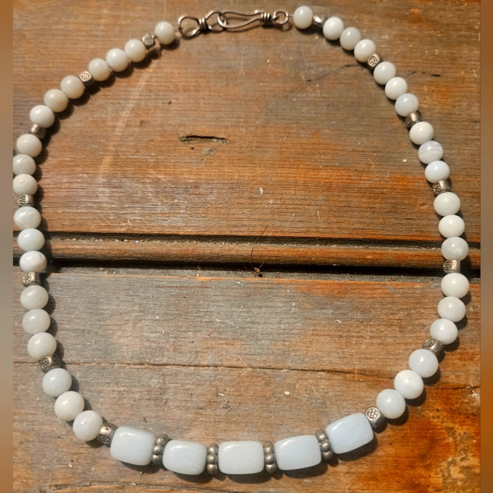 VTG.NECKLACE.MILKY JASPER,DIF.SHAPES/SIZES.STERLING FINDINGS. SO LOVELY!